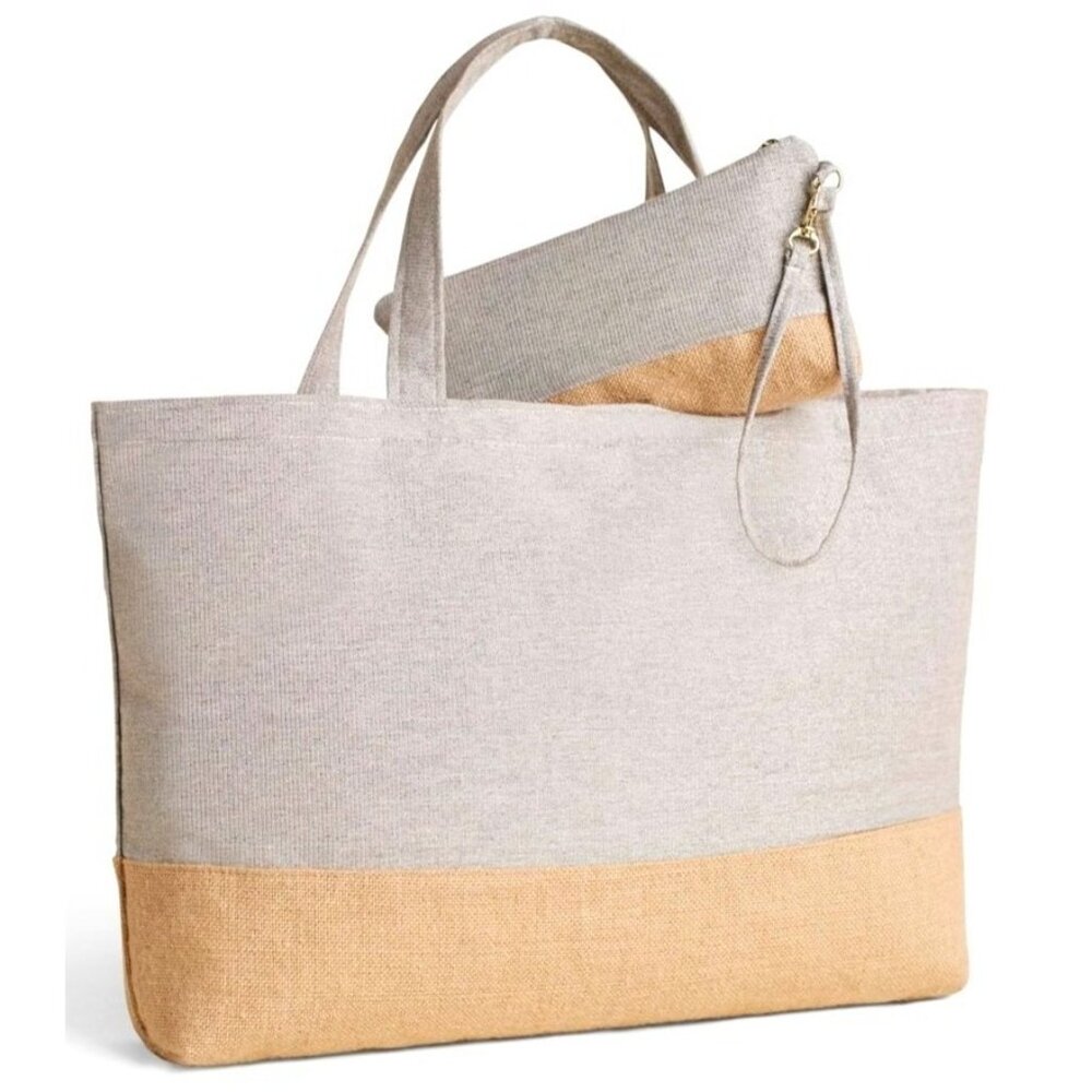 Chico's Summer Jute Tote With Wristlet Large Shopper Travel Carry On Bag